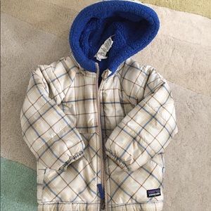 18M Patagonia coat with hood, blue/brown plaid